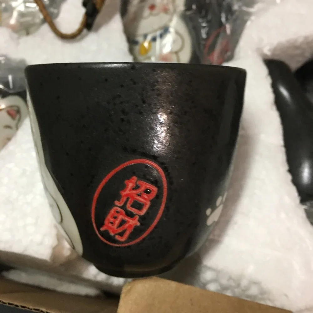 Japanese Maneki Neko Ceramic Black Tea Set Pot and Cups Lucky Charm Cat Serves 4